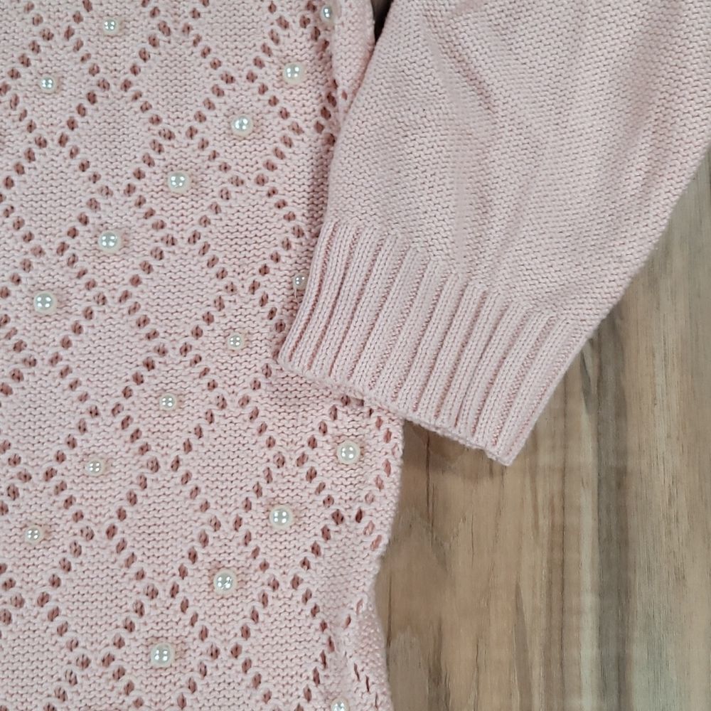 🔹️Bellatrix Pink Open Knit Faux Pearl Adorned Sweater Large - Picture 8 of 11